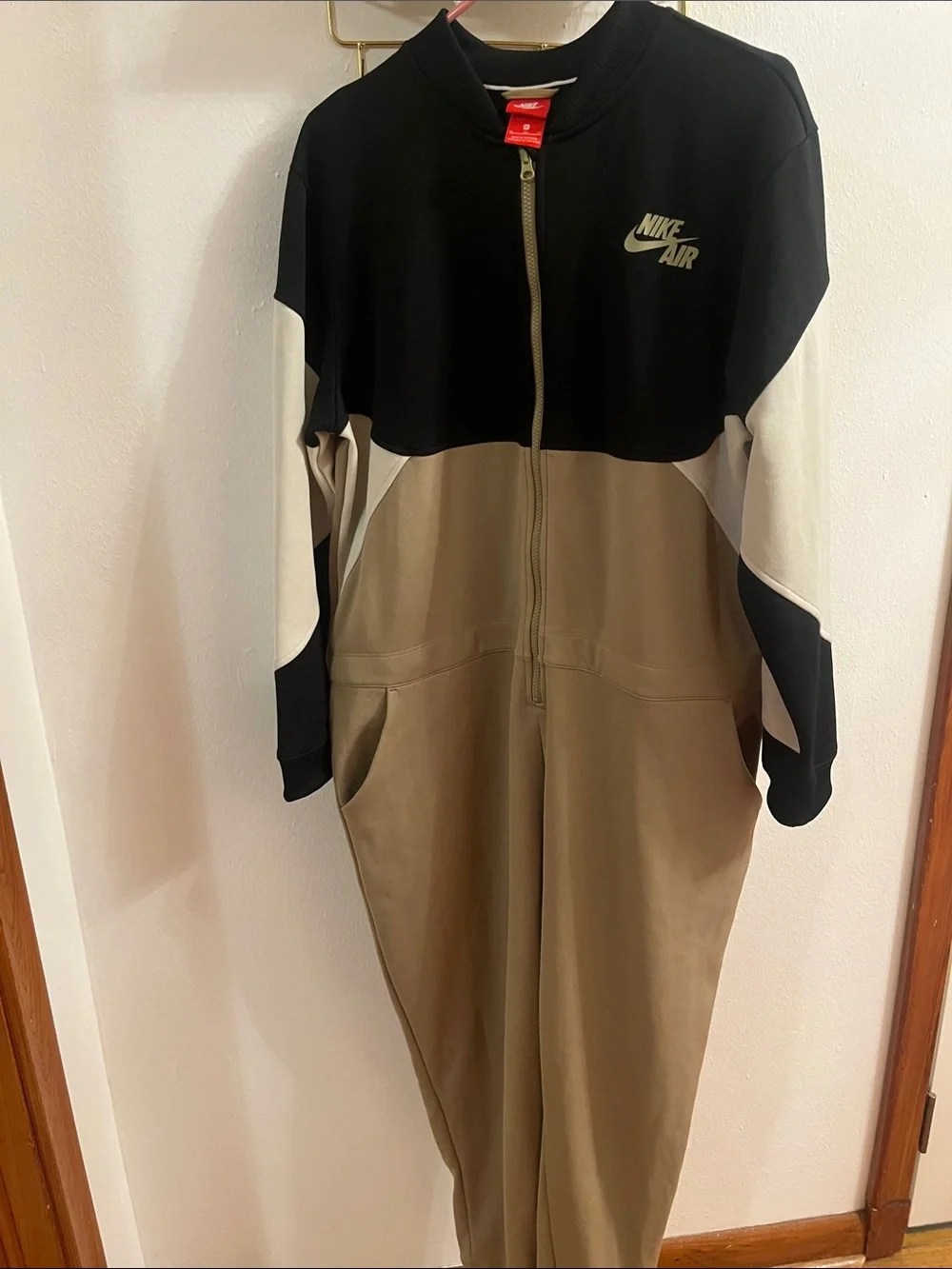 Nike Colorblock Zip-Front Jumpsuit in Olive, Black & Cream